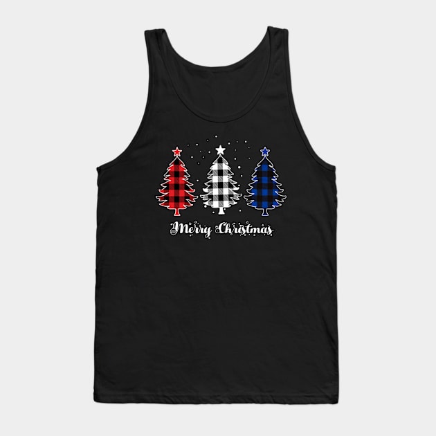 Merry Christmas Trees Red White Blue Plaid Xmas Gift Tank Top by Plana